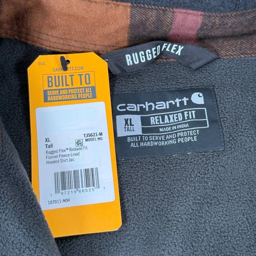 Carhartt Rugged Flex Flannel Fleece Lined Hooded Shirt Jac TJ5621-M Brwn XL Tall